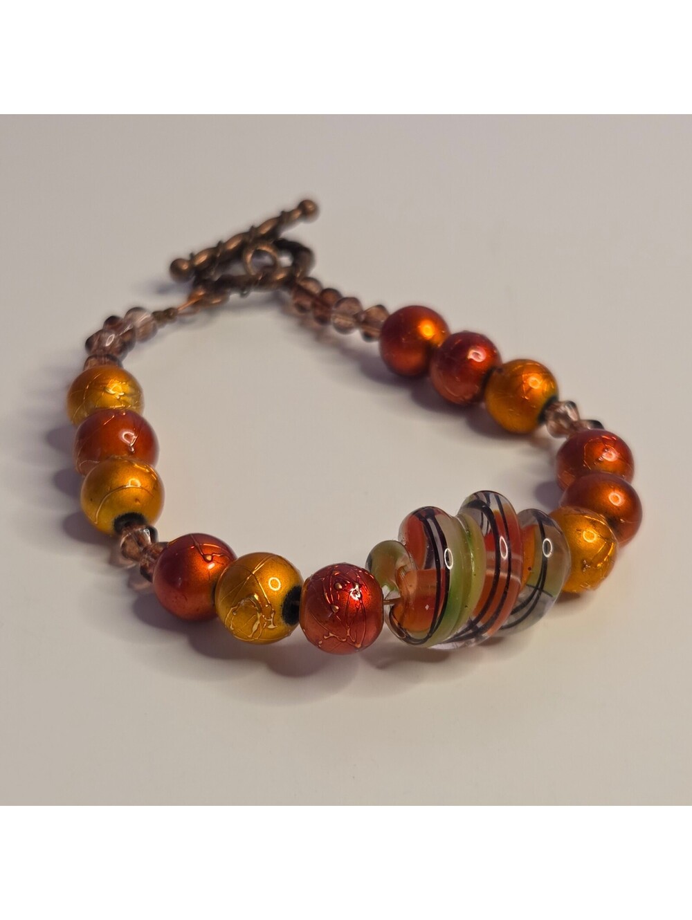 Artsy Y2K Boho Red & Orange Bronze Tone Artisan Beaded Bracelet w/ Glass Bead